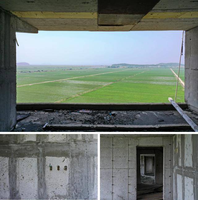아파트 탑층 거실 주창에서 단지 앞 논밭과 먼 해안선이 보인다(위). 가구 내부에는 매설된 전선(왼쪽 아래)과 각 방을 나누는 문(오른쪽 아래)이 보인다.