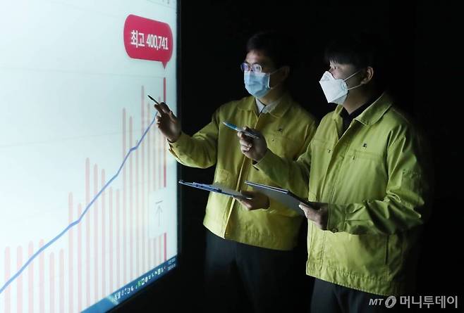 코로나19 오미크론 변이가 확산되며 신규 확진자 수가 0시 기준 40만 741명을 기록한 지난 3월 서울 송파구청 상황실 모니터에 확진자 수 현황이 표시돼 있다. /사진=김휘선 기자 hwijpg@