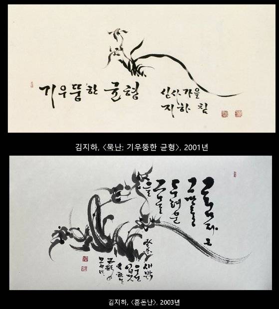 김지하 시인은 똑바로 서있는 난은 그리지 않고, 바람에 흩날리거나 요동치는 난을 그렸다. 후기로 갈수록 더 필치가 거칠어진다. [사진 유홍준 이사장 제공, 개인 소장]