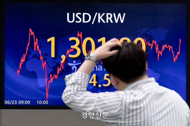 원·달러 환율이 1300원을 넘어선 23일 서울 중구 하나은행 딜링룸에서 직원들이 업무를 보고 있다. 이날 서울 외환시장에서 원·달러 환율은 전 거래일 대비 4.50원 오른 1301.8원으로 거래를 마쳤다. /문재원 기자