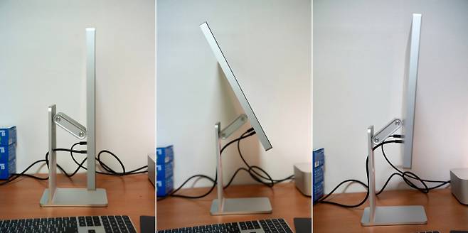 스튜디오 디스플레이의 높이·기울기를 다양하게 조절해 본 모습