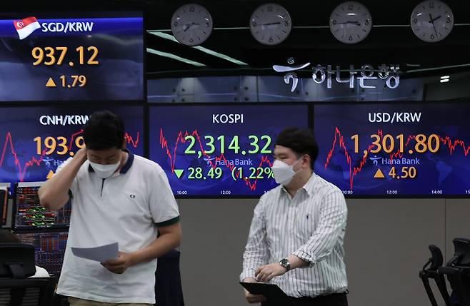 코스피와 코스닥이 이틀 연속 연저점으로 추락한 23일 오후 서울 중구 하나은행 본점 딜링룸에서 직원이 업무를 보고 있다. [사진 제공 = 연합뉴스]