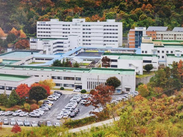 치료감호소 전경. 왼쪽 위부터 반시계 방향으로 심신장애인(정신질환·발달장애)이 수용되는 '안정병동', 약물중독자가 수용되는 '약물병동', '여성병동', 성적 가학증이나 성적 성벽을 가진 성범죄자가 수용되는 '인성병동'으로 크게 나뉜다. 정원은 1,200명이지만 현재는 800여 명이 수용 중이다. 공주=최나실 기자