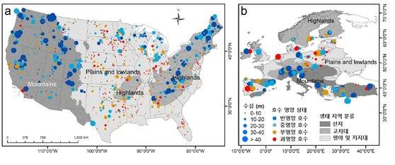 수질 데이터를 확보해 분석한 미국과 유럽 호수 위치. [자료: Water Research, 2022]