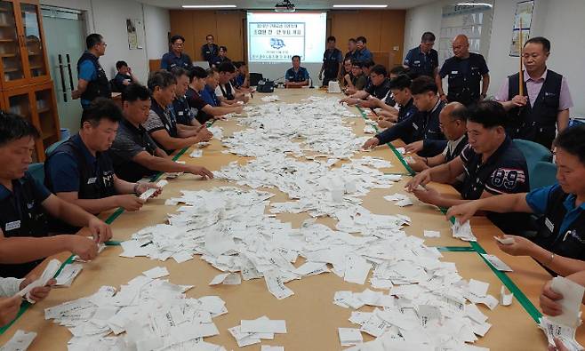 현대차 노조가, 4년 만에 파업에 나설지 주목된다. 사진은 2019년 현대차 노조가 울산공장 노조사무실에서 임단협 잠정합의안 찬반투표를 개표작업을 진행하던 모습. /사진=현대차 노조