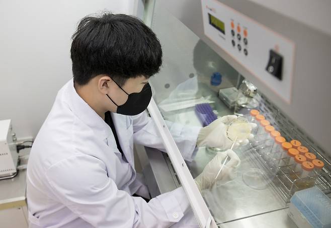 삼성전자 '에코라이프랩'이 TUV 라인란드로부터 바이러스 시험소 인증을 받았다. 사진은 에코라이프랩에서 시료를 분석하는 삼성전자 관계자. /사진=삼성전자 제공