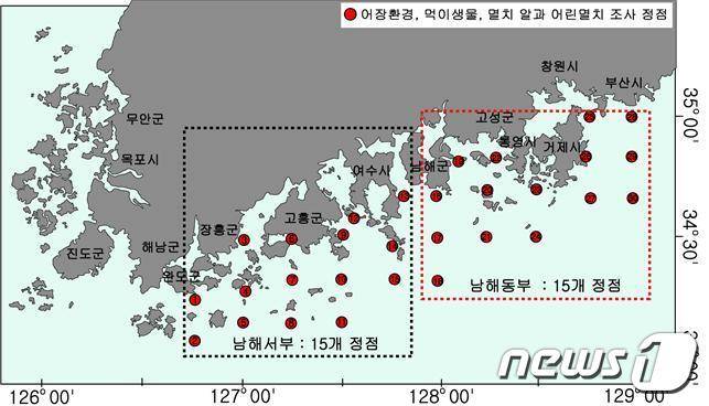 남해연안 멸치 난자치어조사 정점도.(국립수산과학원 제공)© 뉴스1