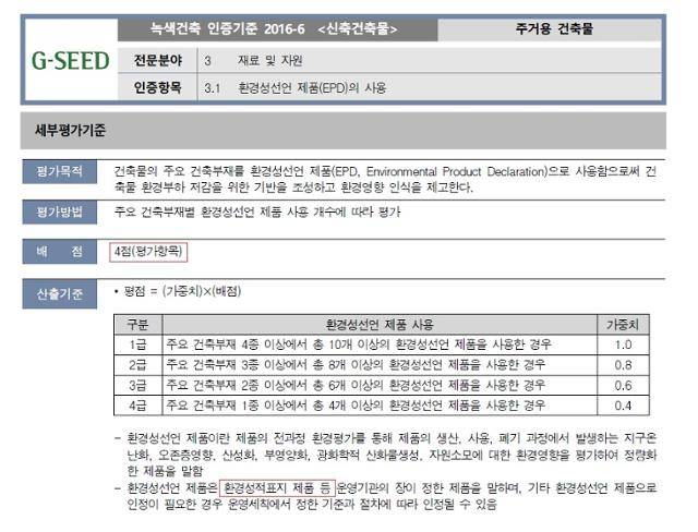 환경부와 국토교통부가 주관하는 녹색건축인증의 배점 심사표에 건축자재로 '환경성적표지' 인증 제품을 사용할 경우 배점 4점을 부여하는 항목이 명시돼있다. 녹색건축 인증기준 해설서 캡처