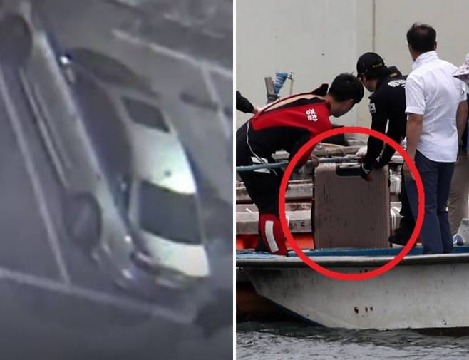 실종된 조유나(10) 가족의 아우디 승용차(좌). [YTN], 28일 오후 전남 완도군 신지면 송곡선착장 방파제로부터 80m 지점 가두리 양식장 아래에서 실종된 조유나(10) 양 가족의 차량으로 추정되는 아우디 승용차가 발견됐다. 경찰이 수중에 있는 차량 내에서 캐리어를 건져 올리고 있다(우). [연합]