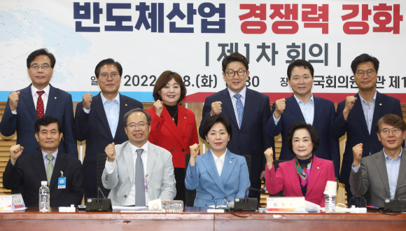 닻 올린 반도체특위  - 국민의힘 반도체 산업 경쟁력 강화 특별위원회 1차 회의가 28일 국회 의원회관에서 열린 가운데 참석자들이 주먹을 들어 올리며 기념촬영을 하고 있다. 앞줄 왼쪽부터 정덕균 서울대 교수, 김정호 카이스트 교수, 더불어민주당 출신 무소속으로 위원장을 맡은 양향자 의원, 조명희 의원, 박동건 삼성디스플레이 상근고문, 뒷줄 왼쪽부터 송언석 원내수석부대표, 송석준 의원, 양금희 의원, 권성동 원내대표, 성일종 정책위의장, 김영식 의원.김명국 기자