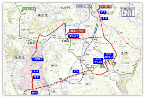 대전 도시철도 1·2호선 및 충청권 광역철도 노선도. (그래픽=대전시 제공)