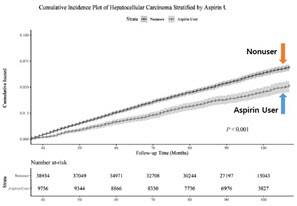 아스피린 복용군과 아스피린 미복용군 간의 간암 누적 발생 비교.