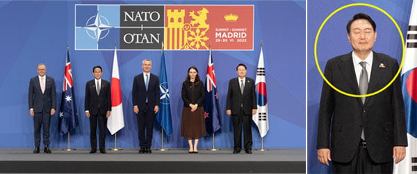 북대서양조약기구((NATO·나토) 정상회의 참석을 위해 스페인을 방문한 윤석열 대통령이 29일(현지 시각) 마드리드 이페마 컨벤션센터에서 아시아·태평양 파트너 4개국 정상 ,옌스 스톨텐베르그 나토 사무총장(가운데), 기시다 후미오 일본 총리(왼쪽 두번째), 앤서니 앨버니지 호주 총리(왼쪽), 저신다 아던 뉴질랜드 총리(오른쪽 두번째)와 함께 기념촬영을 하고 있다.  / 사진=나토 공식 홈페이지