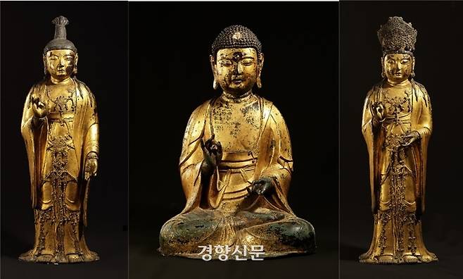 금동아미타여래삼존상. 문화재청 제공