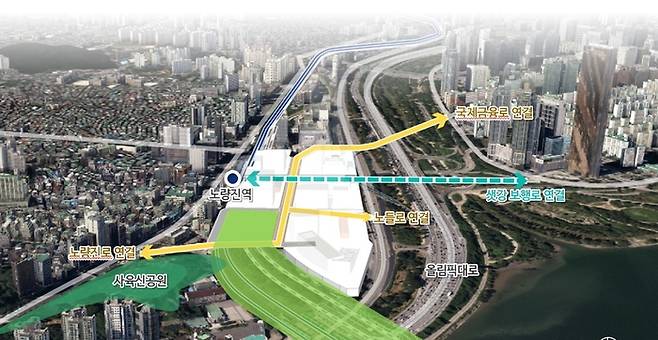 서울 동작구 노량진동의 한강철교 남단 저이용부지 일대 지구단위계획에 따른 개발 종합 구상 조감도. 서울시 제공