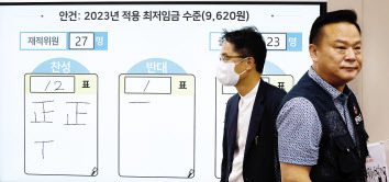 내년도 최저임금이 9620원으로 결정된 가운데 30일 세종시 정부세종청사 최저임금위원회 회의실에서 열린 제8차 전원회의에서 박준식(왼쪽) 위원장과 근로자위원인 이동호 한국노총 사무총장이 인사한 뒤 돌아서고 있다. [연합]