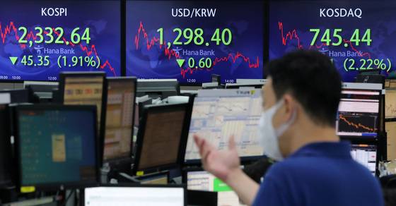 (서울=뉴스1) 이동해 기자 = 11일 서울 중구 하나은행 명동점 딜링룸 전광판에 코스피 지수가 전 거래일보다 45.35포인트(1.91%) 내린 2332.64을 나타내고 있다. 코스닥은 전 거래일보다 16.91포인트(2.22%) 내린 745.44로 원/달러 환율은 전 거래일보다 0.6원 내른 1298.4원에 거래를 마쳤다. 2022.6.3/뉴스1