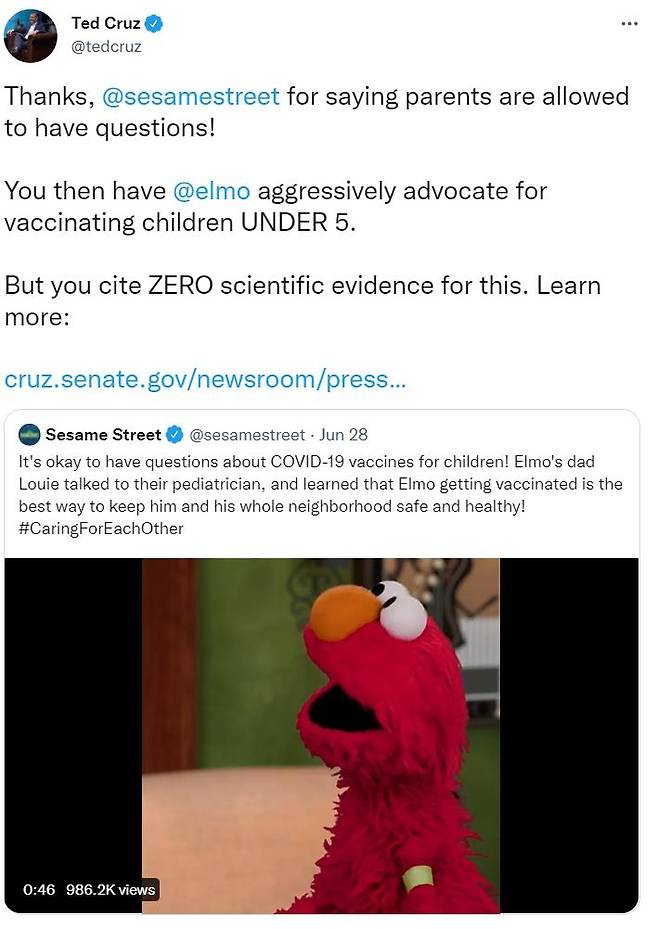 영유아 백신접종 홍보 비판한 美상원의원 [테드 크루즈 의원 트위터 캡처]