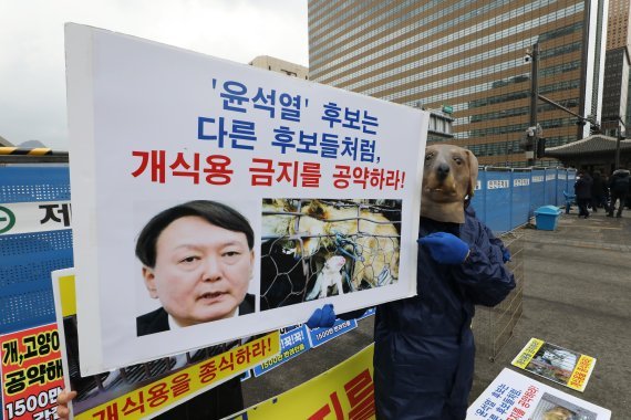 한국동물보호연합 관계자들이 지난 2월 21일 서울 종로구 광화문 이순신 동상 앞에서 윤석열 후보의 개식용 금지 공약을 촉구하며 기자회견을 갖고 있다. 뉴스1화상