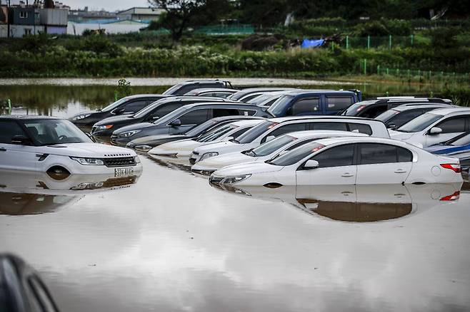 서울을 비롯한 수도권에 많은 비가 내린 30일 오후 경기 수원시 권선구 한 중고차 매매단지의 차량들이 물에 잠겨 있다. 뉴시스