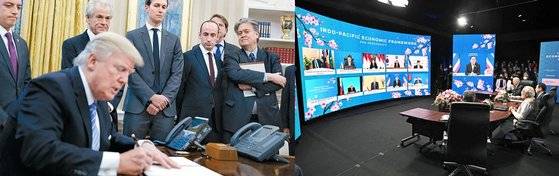 왼쪽 사진은 도널드 트럼프 미국 대통령이 2017년 1월 취임 직후 환태평양경제동반자협정(TPP)에서 탈퇴하는 행정명령에 서명하고 있는 모습. 오른쪽 사진은 조 바이든 미국 대통령과 기시다 후미오 일본 총리(왼쪽부터)이 지난 5월 23일 일본 도쿄에서 열린 인도태평양 경제프레임워크(IPEF) 출범 행사에서 참여국 정상의 발언을 듣고 있는 모습. [사진=중앙포토, AFP]