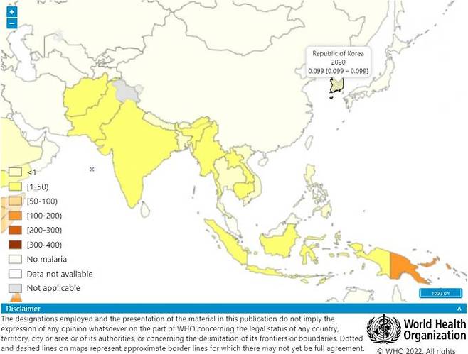 전세계 말라리아 발병률.   WHO