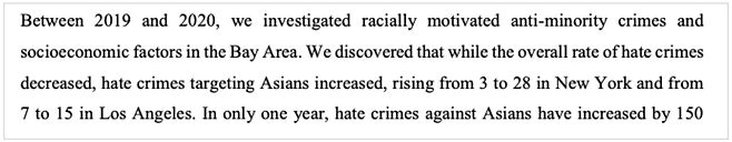 ▲ 산호세 네트워크 학생들 논문 ‘Screening of the Characteristics of Hate Crimes against Asian American and Comparison to African Americans in Bay Area’ 방법론 중 일부. 아래 CNN보도의 내용과 일치한다. 