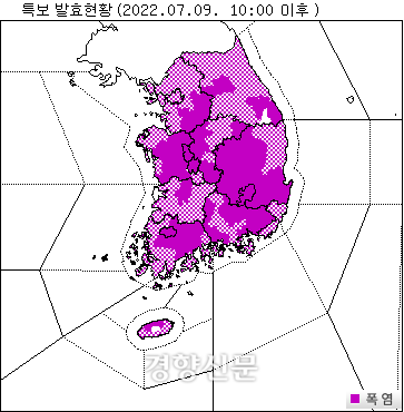 7월10일 현재(오후 2시) 폭염 특보 발효 현황. 방재기상정보시스템 갈무리