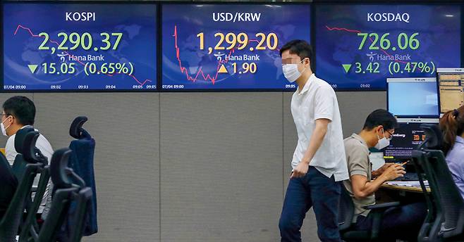 지난 4일 하나은행 명동점 딜링룸 전광판. 코스피 지수가 하락세를 보이며 장중 2300선이 붕괴됐다./사진=뉴스1