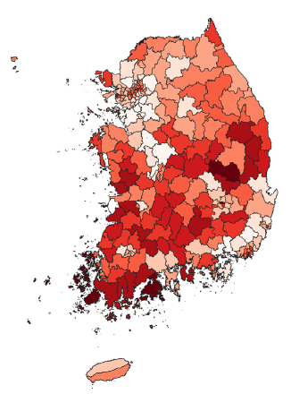 전국 지자체별 폭염 취약성 지수. 진한 빨간색으로 표시될수록 폭염에 취약함을 의미함. 자료 : 한국방재학회논문집.