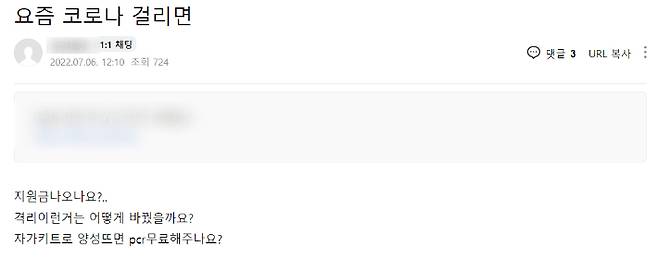 한 온라인 커뮤니티에서 코로나19 확진 판정을 받게 될 경우 생활지원금을 받을 수 있는지 문의하는 글. 커뮤니티 화면 캡처