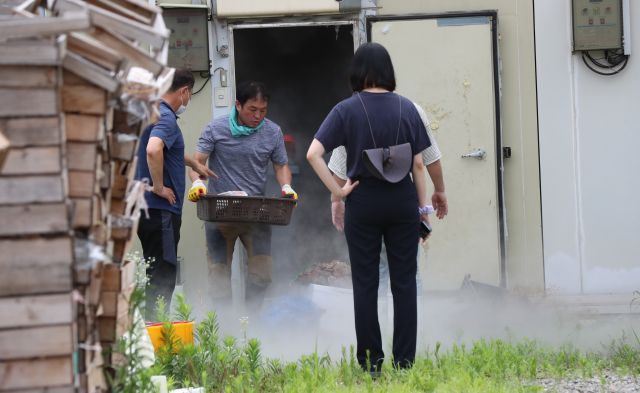 12일 오전 광주 북구 임동의 한 수산물업체 냉동고에서 광주 북구청 관계자들이 부패해 악취를 풍기는 생선을 치우고 있다. 해당 업체는 부도 후 냉동고에 보관 중이던 생선이 장기간 방치되면서 주민들에게 악취 고통을 안겼다. 2022.7.12. 연합뉴스