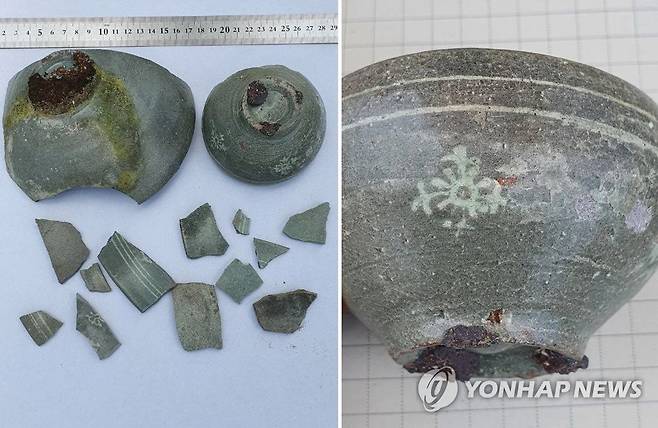 새만금 신공항 예정지서 발견된 고려시대 청자 (군산=연합뉴스) 새만금신공항백지화공동행동은 12일 신공항 예정지에서 고려시대 만들어진 것으로 추정되는 청자가 잇따라 발견됐다고 밝혔다.
    단체는 이러한 유물이 더 발견될 가능성이 크다며 매장 문화재 조사를 할 것을 제안했다. 사진은 신공항 예정지서 발견된 청자. 2022.7.12 [새만금신공항백지화공동행동 제공. 재판매 및 DB금지] jaya@yna.co.kr