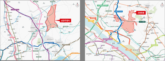 국토교통부는 오는 15일부터 3기 신도시인 남양주왕숙·왕숙2, 고양창릉, 2신도시인 평택고덕 등 4800여호 규모의 공공 분양주택 사전청약을 시행한다고 13일 밝혔다. 남양주왕숙(왼쪽)과 고양창릉(오른쪽) 위치도. <국토교통부>