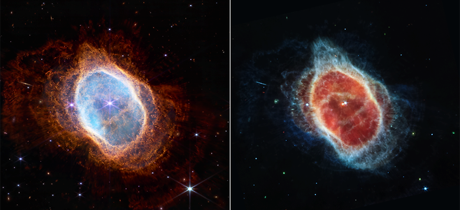 제임스 웹 우주망원경에 탑재된 NIRCam(왼쪽)과 MRI로 촬영한 남쪽고리 성운. 사진=NASA/ESA/CSA/STScI