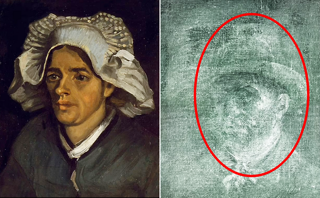 스코틀랜드 국립미술관은 고흐의 1885년 작품인 ‘소작농 여인의 머리’(사진)를  엑스레이(X-ray) 촬영한 결과, 그 뒤에 숨어 있던 한 남성의 신비한 이미지(오른쪽)를 발견했다. 미술관 측은 고흐의 자화상이 거의 확실하다고 설명했다