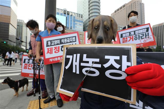 ‘불법 개농장 금지’ - 초복(初伏)인 16일 동물구조119 회원들이 서울 광화문역 인근에서 2022년 개식용 종식 국토대장정 출범 기자회견을 열고 개식용 금지와 불법 개농장, 개사체탕 유통, 판매 금지 등을 촉구하는 퍼포먼스를 하고 있다. 2022.7.16/뉴스1