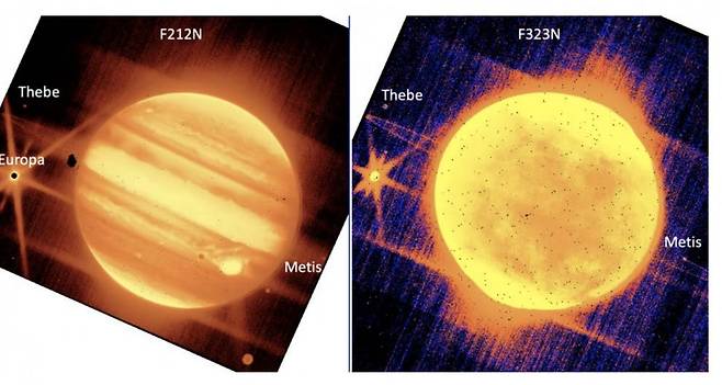 NIRCam의 2.12㎛ 필터(왼쪽)와 3.23㎛ 필터로 포착한 목성과 주변 위성 이미지.  [NASA, ESA, CSA, and B. Holler and J. Stansberry (STScI) 제공/ 재판매 및 DB 금지] photo@yna.co.kr