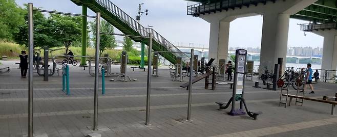 헬스장을 방불케 하는 큰 규모의 한강 공원(양화대교) 운동 기구. 이곳에는 10대부터 60대까지 연령대와 상관없는 마니아들이 자주 찾는다.  /사진=김고금평 기자