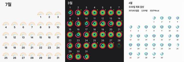 (왼쪽부터)샤오미·애플·삼성전자의 피트니스앱. 애플워치와 갤럭시워치의 경우 각사의 스마트폰과 연동이 잘 돼 활동량 기록이 즉각적으로 업데이트 됐지만, 샤오미의 경우 활동량을 매일 기록해도 앱에 기록되지 않는 오류가 있었다. /사진=각사 앱 캡처