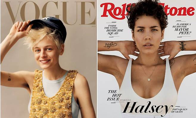 패션잡지 '보그' 8월호에 실린 배우 엠마 코린 (왼쪽), 2019년 롤링스톤지 표지에 실린 가수 할시 /보그, 롤링스톤