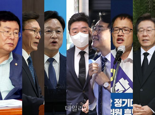 더불어민주당 8·28 전당대회 당대표 후보인 설훈·김민석·강병원·강훈식·박용진·박주민·이재명 의원(선수순, 동일 선수시 가나다순). ⓒ데일리안