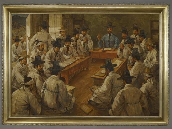 A painting depicting a scene of Joseon scholars who led Koea's Catholic movement in 1780s includes the Jeong brothers - Yak-jeon, Yak-yong and Yak-jong. It is painted by Kim Tae in 1984. [SEOUL MUSEUM OF HISTORY]