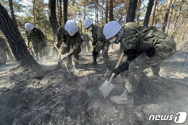 산불 진화에 투입된 군 장병. (육군 50사단) 2021.1.6/뉴스1 © News1 최창호 기자