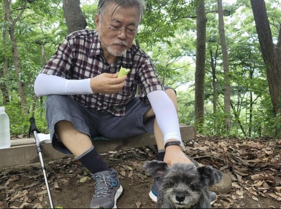 문재인 전 대통령이 지난 13일 경남 양산 사저 인근 영축산에서 산행하는 모습을 공개했다. /사진=뉴스1