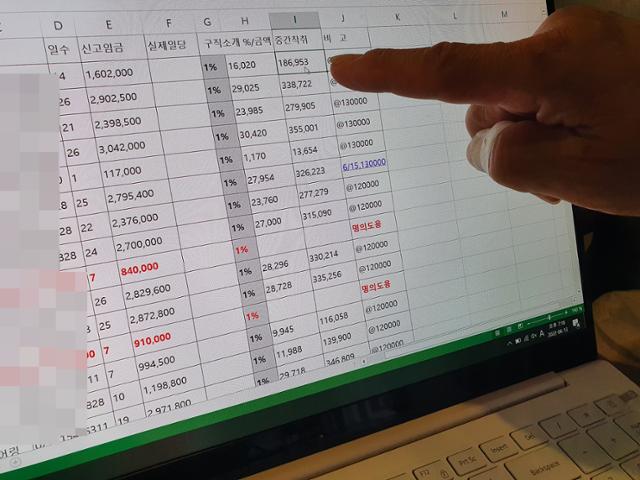 건설 일용노동자 권기무(가명)씨가 자신이 엑셀 파일로 정리한 직업소개소의 중간착취 피해내역을 짚어보고 있다. 14일을 일해 160만 원가량을 받은 건설현장에서 법으로 정해진 소개료(수수료)는 1만6,000원가량이지만 실제로 권씨는 직업소개소에 18만 원 정도를 냈다. 전혼잎 기자