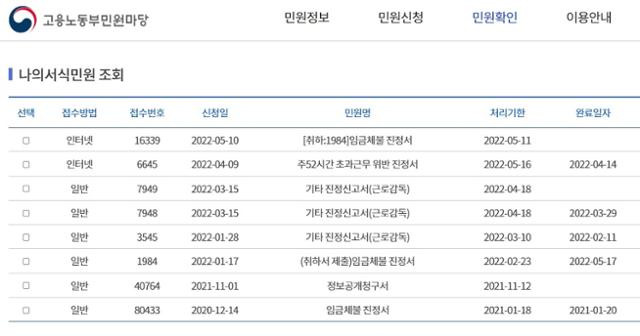 권씨는 고용노동부의 민원마당에 중간착취 피해 내용을 호소했지만 뾰족한 해결책을 찾지 못했다. 권씨 제공