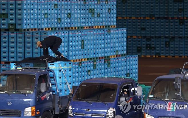 지난달 7일 경기 이천시 하이트진로 이천공장에서 주류 도매상들이 직접 제품을 옮기는 모습 (이천=연합뉴스) 류영석 기자 = 민주노총 공공운수노조 화물연대가 총파업에 들어간 7일 경기 이천시 하이트진로 이천공장에서 제품을 유통받지 못한 주류 도매상들이 직접 트럭을 끌고 와 제품을 옮기고 있다. 2022.6.7 ondol@yna.co.kr