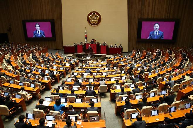 더불어민주당 박홍근 원내대표가 20일 서울 여의도 국회에서 열린 본회의에서 교섭단체 대표연설을 하고 있다. (사진= 국회사진기자단)