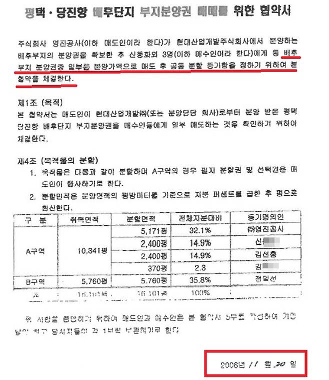 2006년 영진공사와 정일선 등 4명이 맺은 협약서.